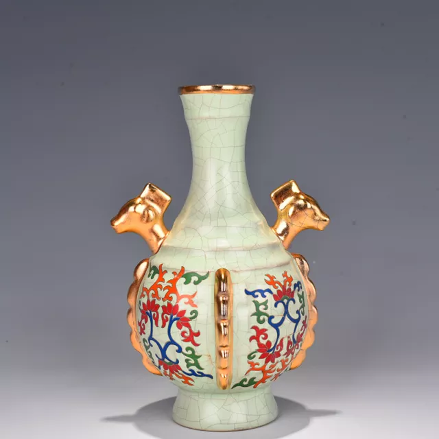 7.5" Song dynasty ru kiln QingLiangSi mark Porcelain cyan colour gilt lotus Vase