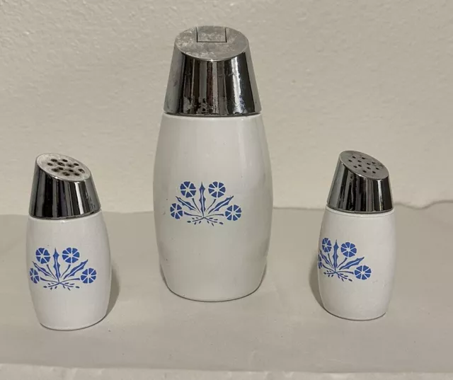 Vintage Corning Ware Gemco Blue Cornflower Sugar Dispenser Salt & Pepper Shakers