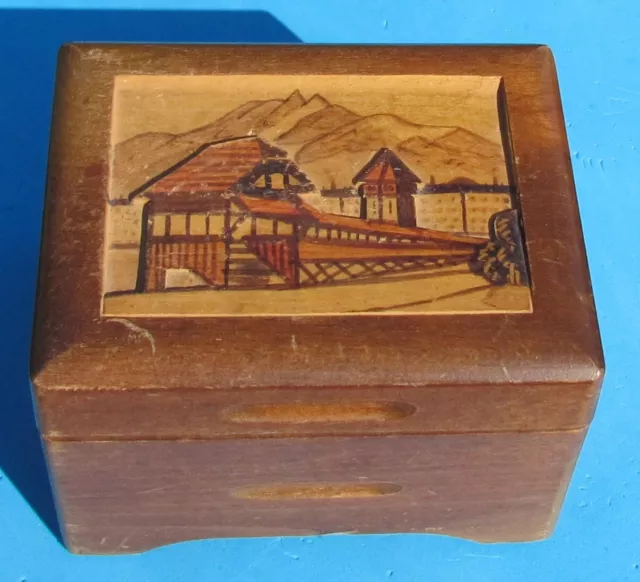 Vtg 1930s Germany Carved Wood Music Trinket Box Plays After Rain the Sun Shines