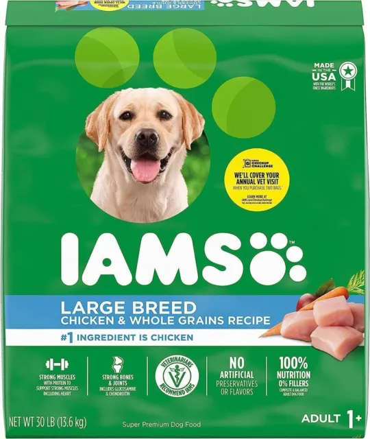30 Lb. Bag Iams Adult High Protein Large Breed Dry Dog Food With Real Chicken,