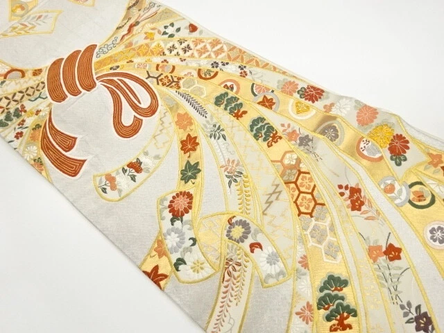 5427318: Japanese Kimono / Vintage Fukuro Obi / Woven Floral Plant & Noshi Patte