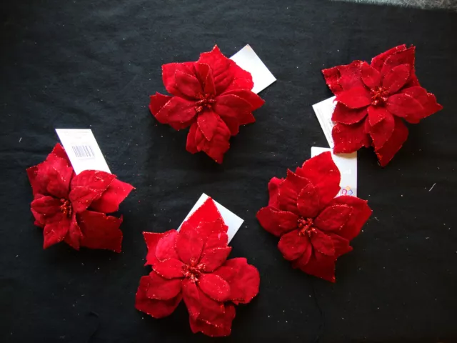 Traditional Red Flower Christmas Tree Decoration Picks Clip on Poinsettia X 5