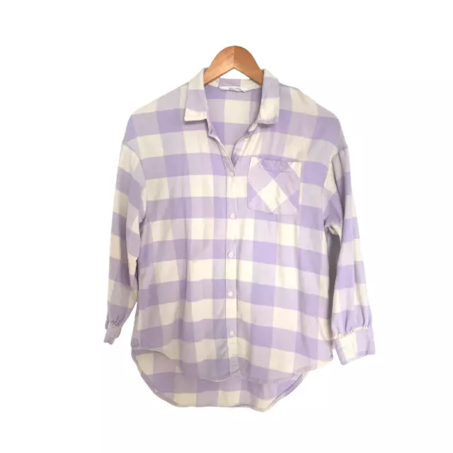 H&M Girls 14 Plaid Shirt Oversized Flannel Purple Lilac White Checked Pastel