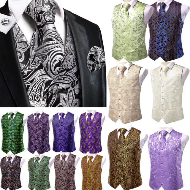 Mens Waistcoat Paisley Floral Silk Jacquard Vintage Vest Suit Tie Set Wedding