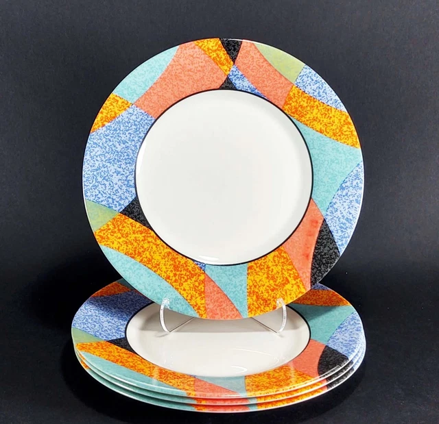 Arcopal France Santiago Salad Plates Blue Orange Abstract Rim 7 3/4" Set of 4