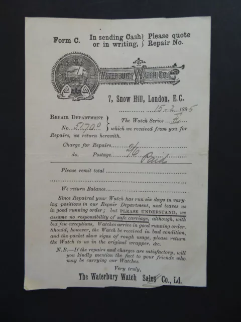 1895 Waterbury Watch Company Snow Hill London letterhead receipt Watch Series E