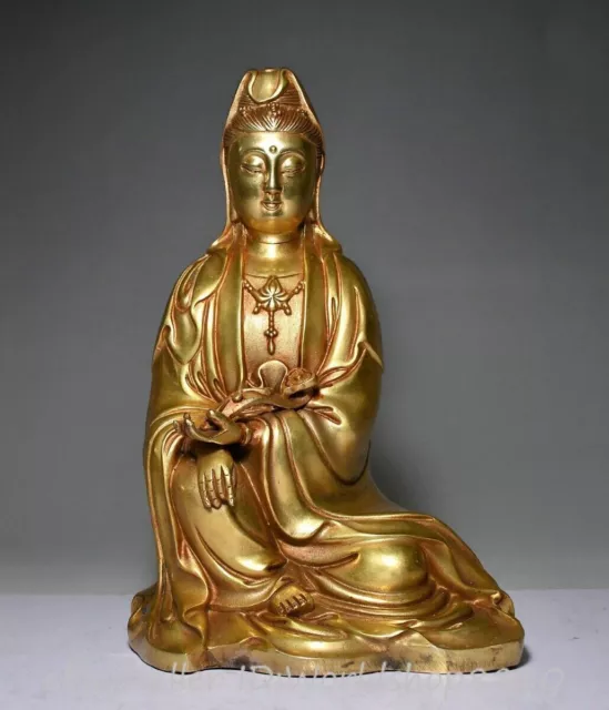 8.4" Qianlong Marked China Buddhism Copper Gilt Sit Ruyi Kwan-yin Goddess Statue