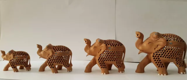 7.6To15.2cm Madera Elefante Estatua 4PC Juego Tallado a Mano Animal