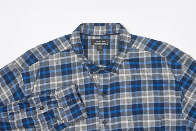 BLADE & BLUE Shirt 2XL in Cobalt Blue Smoke Plaid Cotton Flannel Narrow Collar