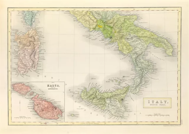 Map of South Italy 1840 by Sidney Hall fine detail hand colour antique