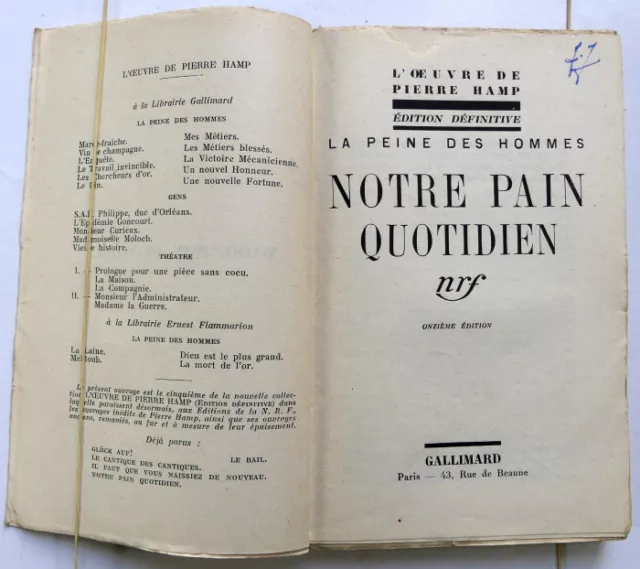 Notre pain quotidien La peine des hommes 1937 Pierre Hamp Nrf édition définitive 2