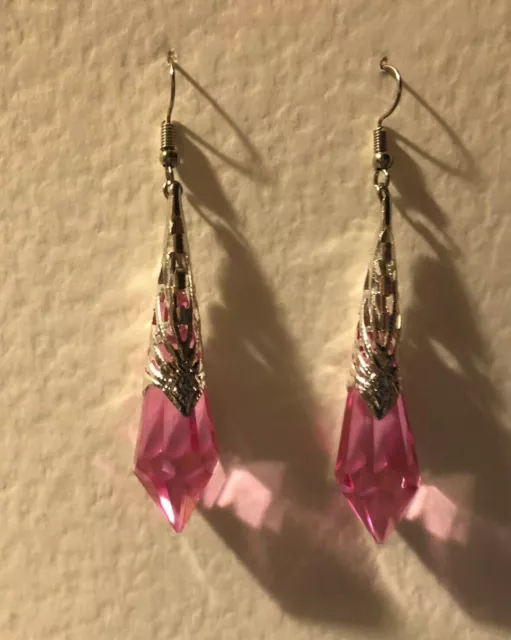 LONG ROSE PINK GLASS ART DECO STYLE DROP EARRINGS SILVER PLATED FILIGREE DS hook