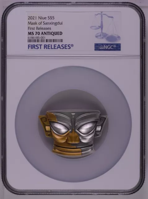 NGC MS70 FR Niue 2021 Sanxingdui Ruins Golden Mask 2oz silver coin