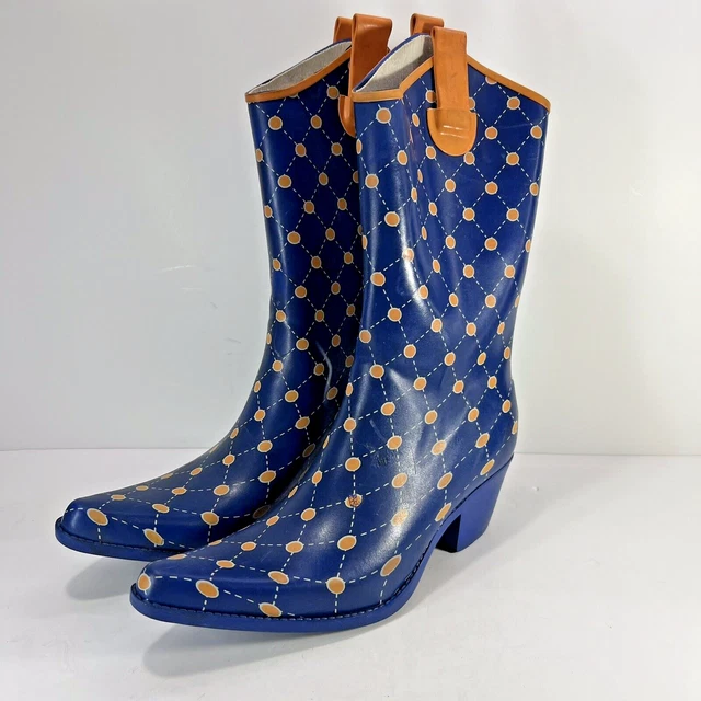Stadium Stompers Cowgirl Rain Garden Boots Blue Orange Polka Dot   Size 10