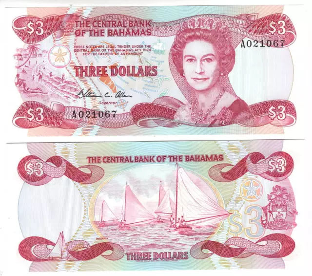 BAHAMAS $3 Dollars UNC Queen Elizabeth Banknote (1974) P-44 Prefix A Paper Money