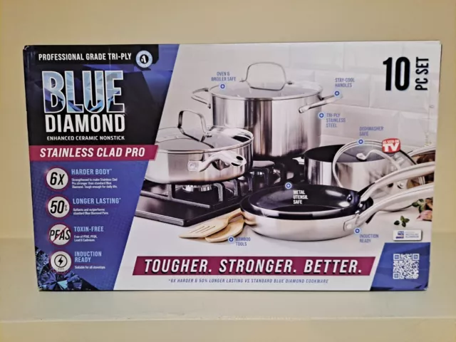 Blue Diamond HD Stainless Steel Clad Pro 10 Piece Cookware Pots and Pans Set,...