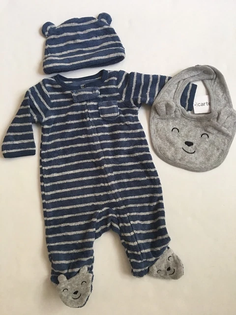 Carters Baby Boy Bear Terry Coverall Hat Bib Set Size Newborn 9 Months Navy Grey