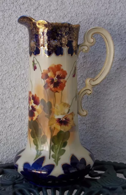 Antique Tankard/Pitcher Large Hand Painted Flowers Vienna Austria Signed Tall