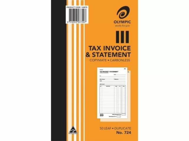 Olympic 724 Tax Invoice & Statement Book 200x125mm Duplicate 50 Leaf Carbonless