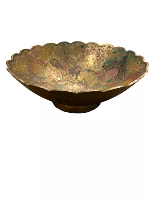 Vintage Brass Enameled Hand Painted Bowl Floral Design Made in India