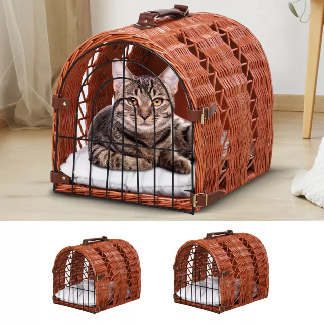 Wicker Cat Basket Kitten Pussy Bed Portable w/ Soft Mat Handle Lightweight