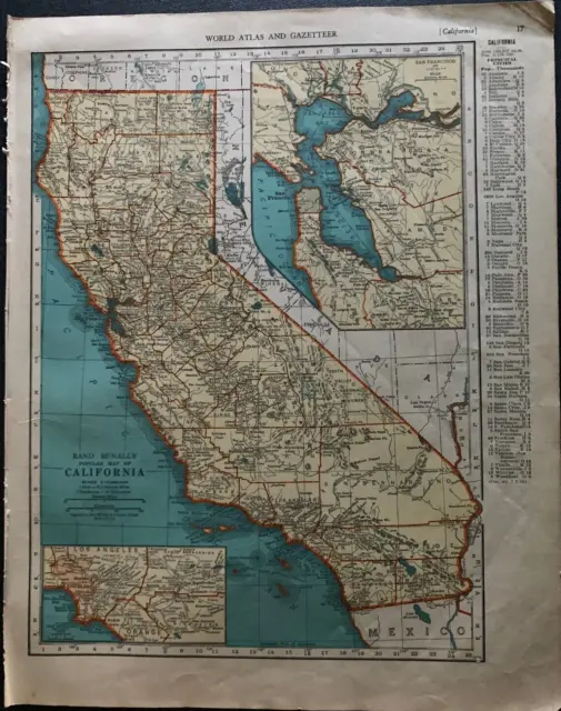 1938 Collier's World Atlas & Gazetteer - 11x14 Map of California & Colorado