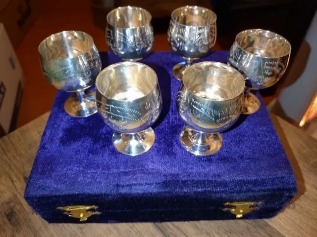 Set of Six Silver Plated Liquor Goblets in Purple Velveteen Box  Stamped EPNS