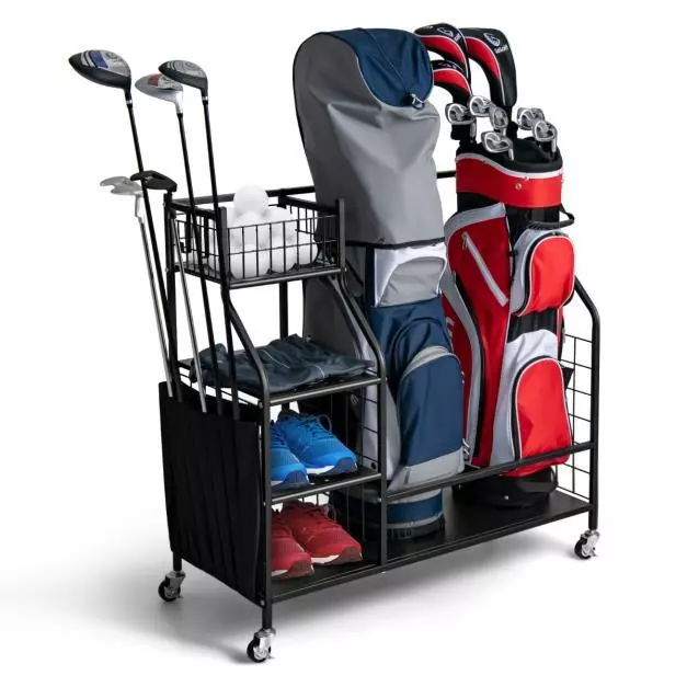 Double Golf Club Bag Equipment Organiser Storage Basket Shelf Rack Trolley Cart