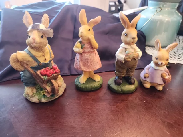 Rabbit  BUNNY Family Figurines in suspenders pants  Easter Eggs Vintage Set Of 4