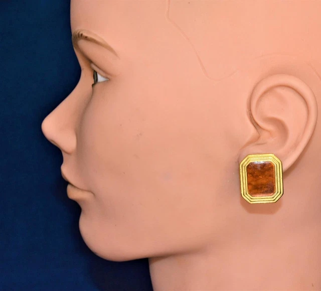Vintage Signé Avon Doré Marron Émail Rectangulaire Forme avec Clip Oreilles