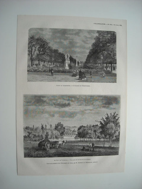 1873 ENGRAVING. PROMENADES DE PARIS. GARDEN DU Luxembourg. VINCENNES WOOD.