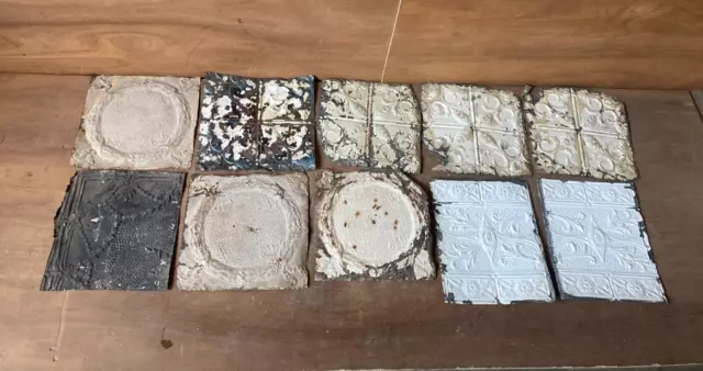 10 sq ft Antique Tin Ceiling Pieces Shabby Tile Chic Vtg Arts Crafts 82-23A