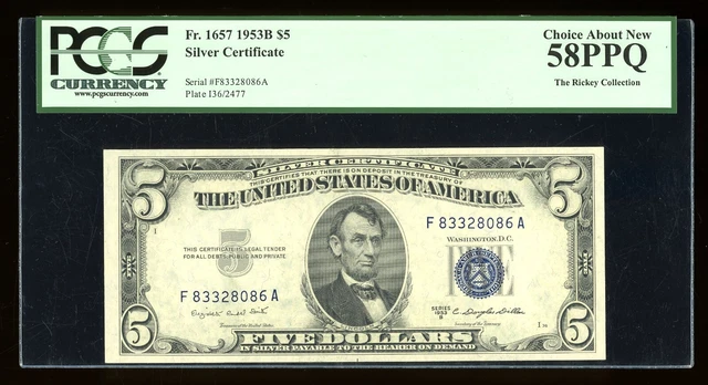 DBR 1953-B $5 Silver Fr. 1657 FA Block PCGS 58 PPQ Serial F83328086A