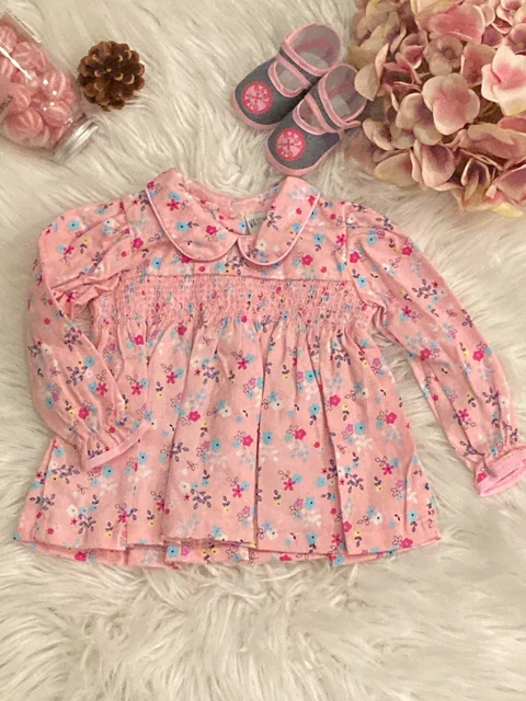 SALE: Baby Girls Pink Floral Pique Smock Dress Age 0 - 9 months.