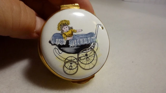 Vintage RARE CRUMMLES Victorian PRAM w BABY GIRL - Enamel, TRINKET BOX - MINT