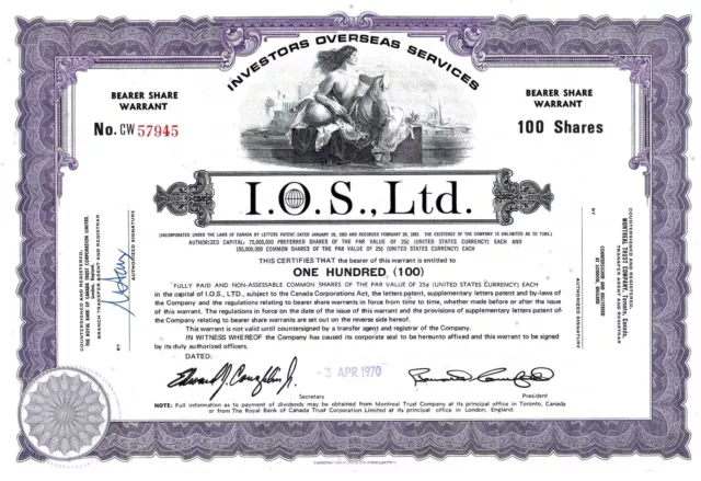 I.O.S. (IOS) Investors Overseas Services Ltd. 1970 (100 Shares) Bearer Share W.