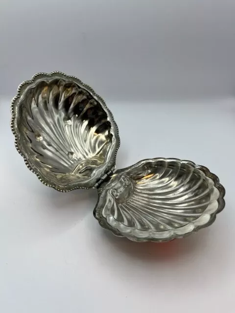 Silver clamshell dish with glass insert, ashtray, jewelry holder, 5"
