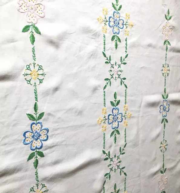 Vintage Hand Embroidered Floral Tablecloth White Linen 3 Flower Stripe 40 x 41in