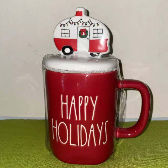 NEW Rae Dunn Happy Holidays Red Mug Coffee cup with Camper Topper Lid