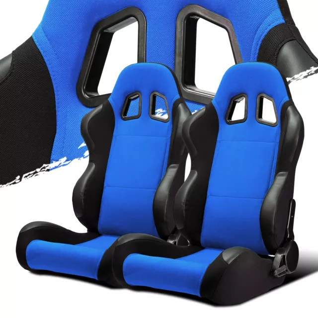 Black BLUE Fabric/PVC Leather Left/Right Recaro Style Racing Car Seats