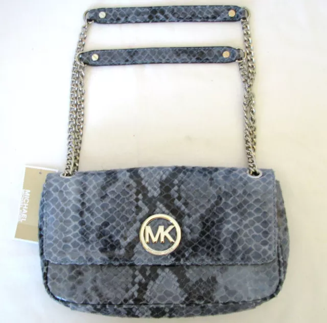 Neuf Michael Kors Fulton Bleu Denim Python Cuir + Argent Chaîne Épaule Rabat Sac