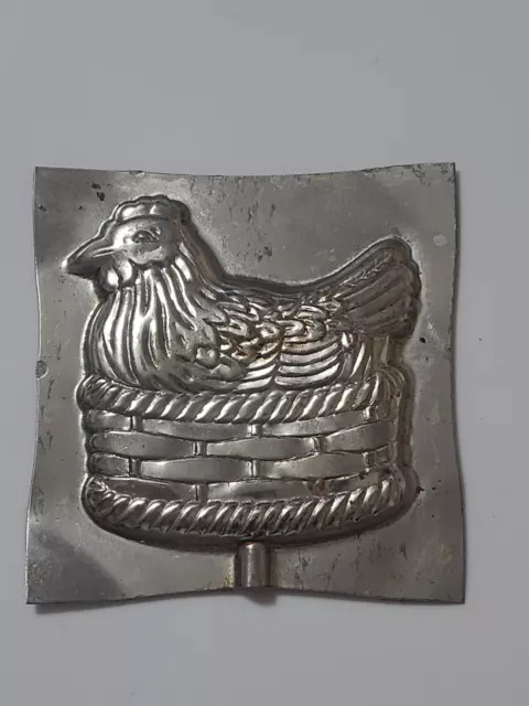 Antique Chicken In Basket Metal  Easter Holiday Chocolate Candy Mold Vintage Hen