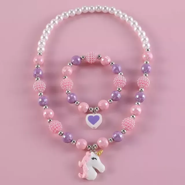 Kinder Halskette & Armband Set süß Einhorn rosa Perlen Schmuck Kinder Mädchen
