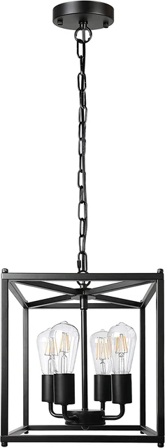 4-Light Black Farmhouse Chandelier, Iron Lantern Pendant Light Rustic Cage Adjus