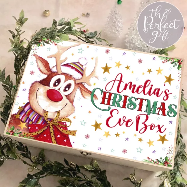 Personalised Christmas Eve Box Wooden Rudolph Reindeer Boys Girls Gift Present