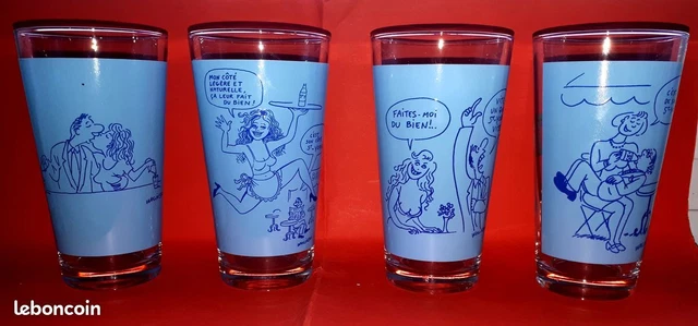 Série bleue de 4 verres anciens eau  Vichy St Yorre illustrés par Wolinsky