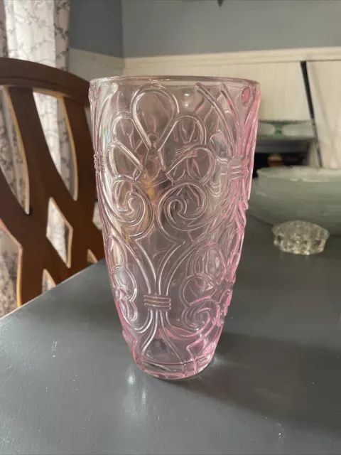 Pink Vase Pressed Glass Large Vase Raised Pattern