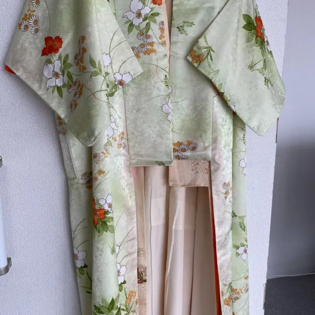 Japanese Kimono Silk Furisode Vintage Traditional flower pattern mintgreen color 3