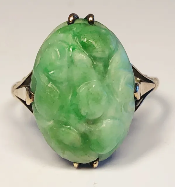 Antique 1920s Chinese Jade and 14k Gold Ring Size 8