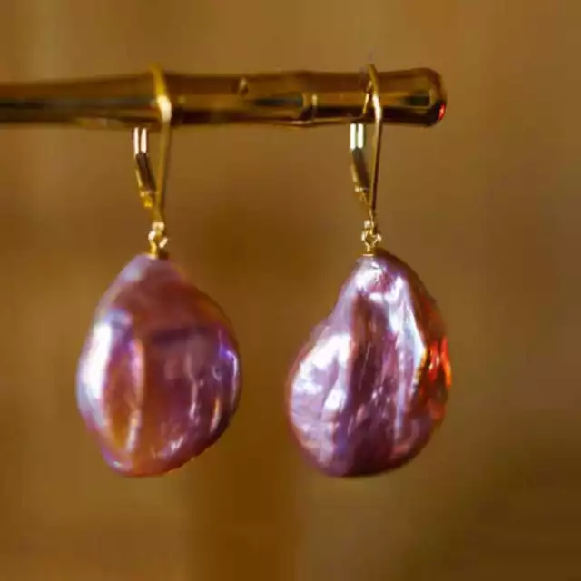 Natural AAA Baroque color Coin pearl Dangle Earrings 14K Cultured Jewelry